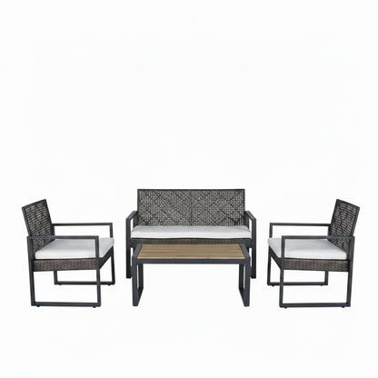 4-Piece Wicker Patio Conversation Set with Cushion, Outdoor Patio Furniture Set with Wood Table Top-Grey Cushions