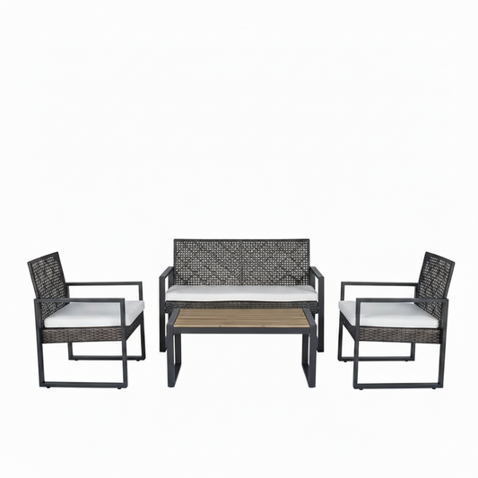 4-Piece Wicker Patio Conversation Set with Cushion, Outdoor Patio Furniture Set with Wood Table Top-Grey Cushions