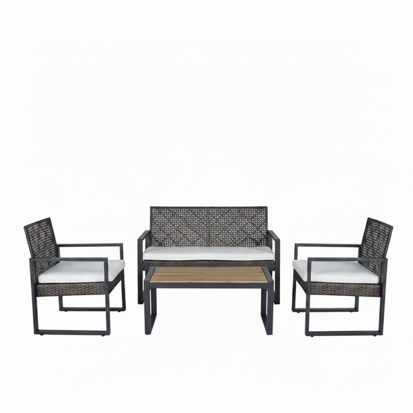 4-Piece Wicker Patio Conversation Set with Cushion, Outdoor Patio Furniture Set with Wood Table Top-Grey Cushions