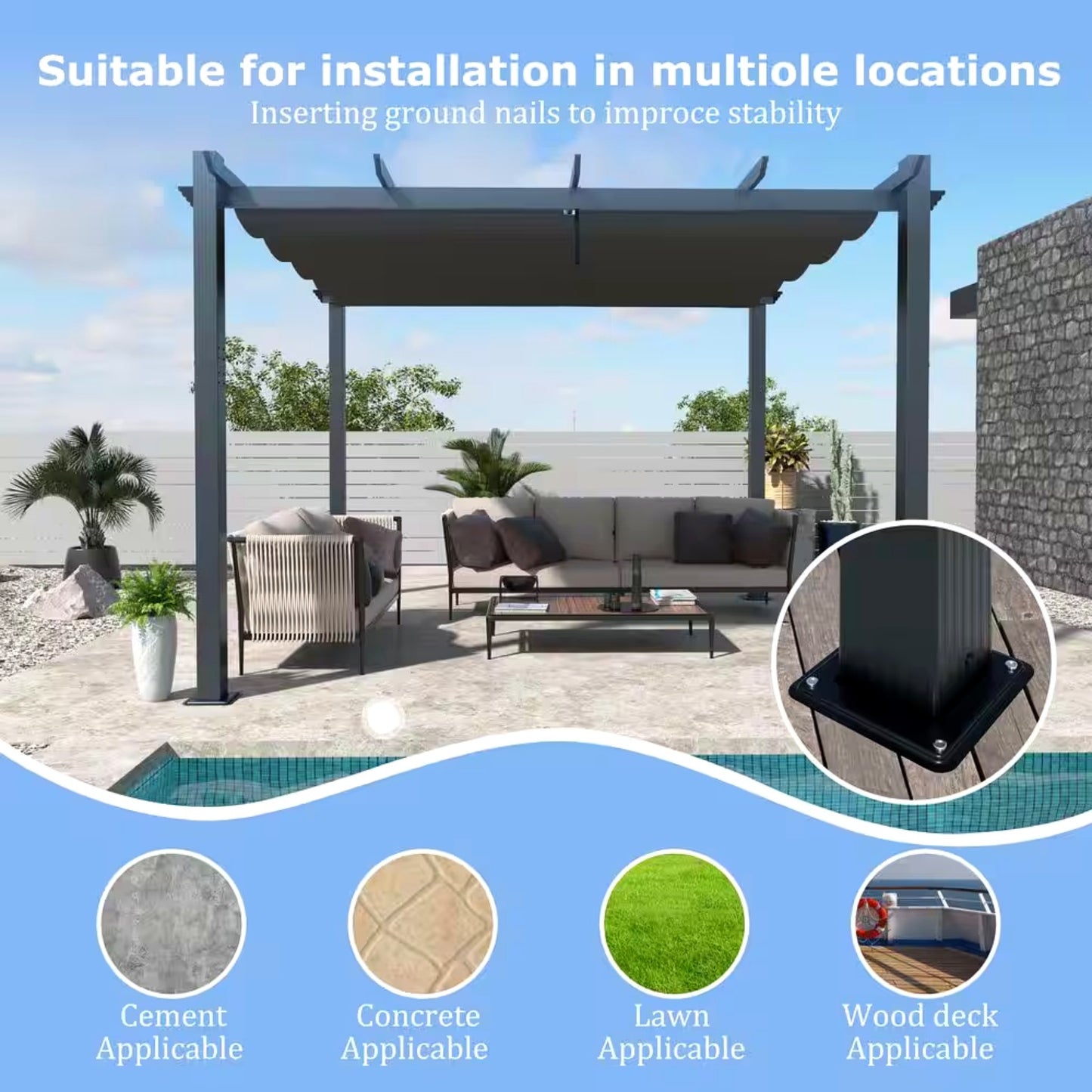 10 Ft. W X 10 Ft. D Aluminum Pergola Outdoor with Dark Gray Retractable Canopy