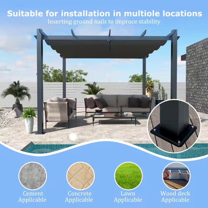 10 Ft. W X 10 Ft. D Aluminum Pergola Outdoor with Dark Gray Retractable Canopy