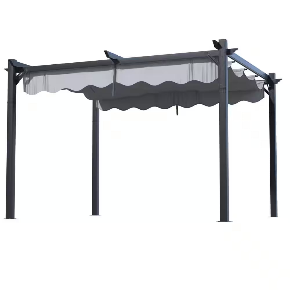 10 Ft. W X 12 Ft. D Gray Outdoor Patio Pergola with Retractable Sun Shade Canopy Cover
