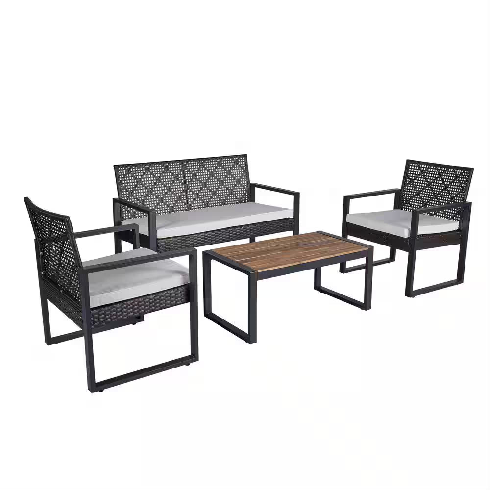4-Piece Wicker Patio Conversation Set with Cushion, Outdoor Patio Furniture Set with Wood Table Top-Grey Cushions