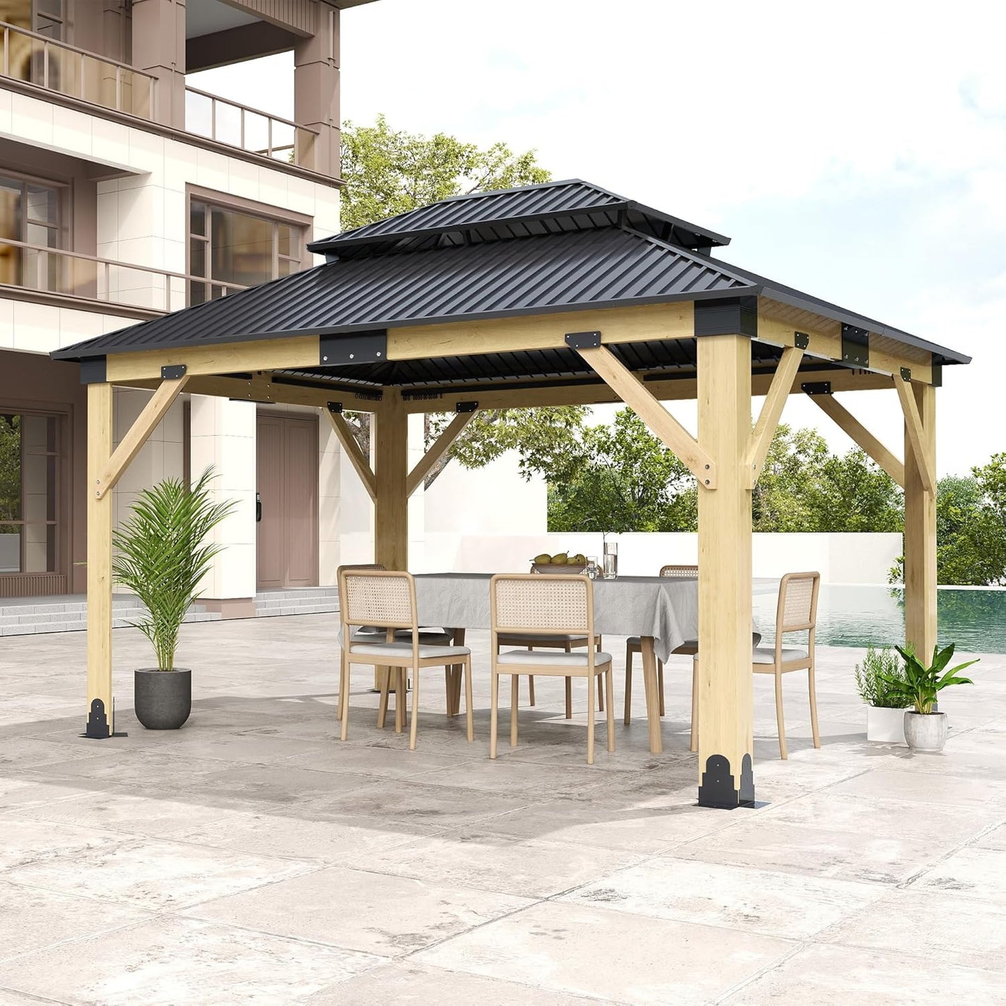 11X13Ft Wood Gazebo, Outdoor Wooden Gazebo with Glavanized Steel Double Roof, Hardtop Gazebos for Garden, Patio, Deck, Backyard