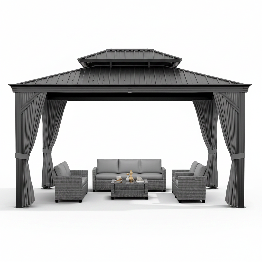 12'X14' Hardtop Gazebo, Heavy Duty Aluminum Permanent Hardtop Gazebo Outdoor Pavilion with Curtains and Netting for Garden