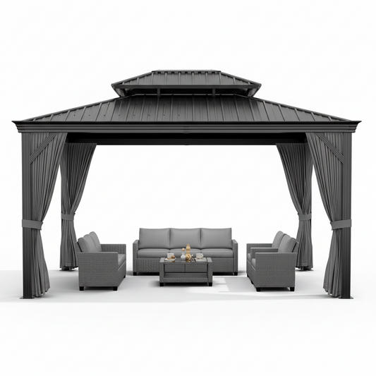 12'X14' Hardtop Gazebo, Heavy Duty Aluminum Permanent Hardtop Gazebo Outdoor Pavilion with Curtains and Netting for Garden