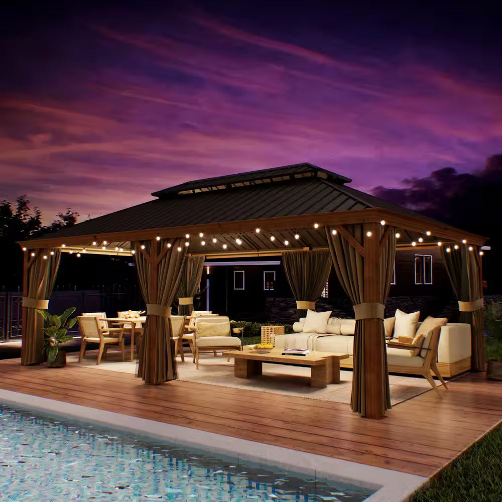 14 Ft. X 22 Ft. Double Galvanized Steel Roof Aluminum Wood-Looking Frame Outdoor Patio Hardtop Gazeb