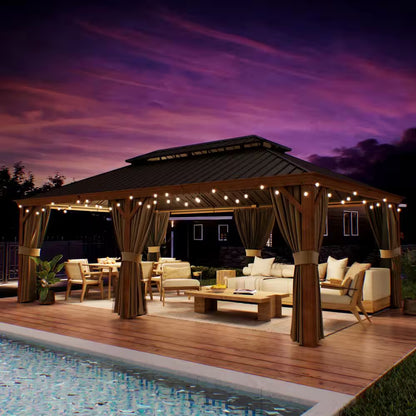 14 Ft. X 22 Ft. Double Galvanized Steel Roof Aluminum Wood-Looking Frame Outdoor Patio Hardtop Gazeb