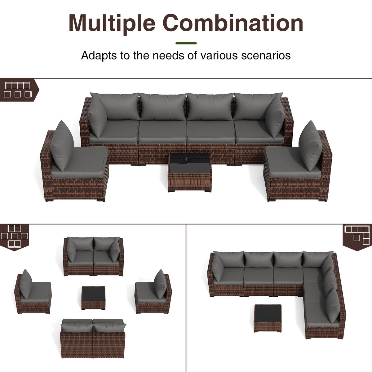 Patio Furniture Set, Outdoor Patio Furniture Wicker Furniture Couch Set, 7 Pieces Outdoor Sectional Sofa, Patio Furniture Set, Outdoor Patio Set for Home Furniture (Grey)