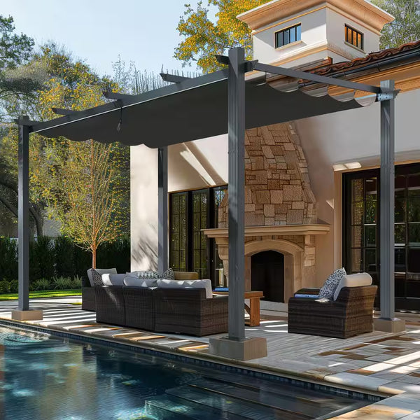 16 Ft. W X 12 Ft. D Aluminum Pergola Outdoor with Dark Gray Retractable Canopy