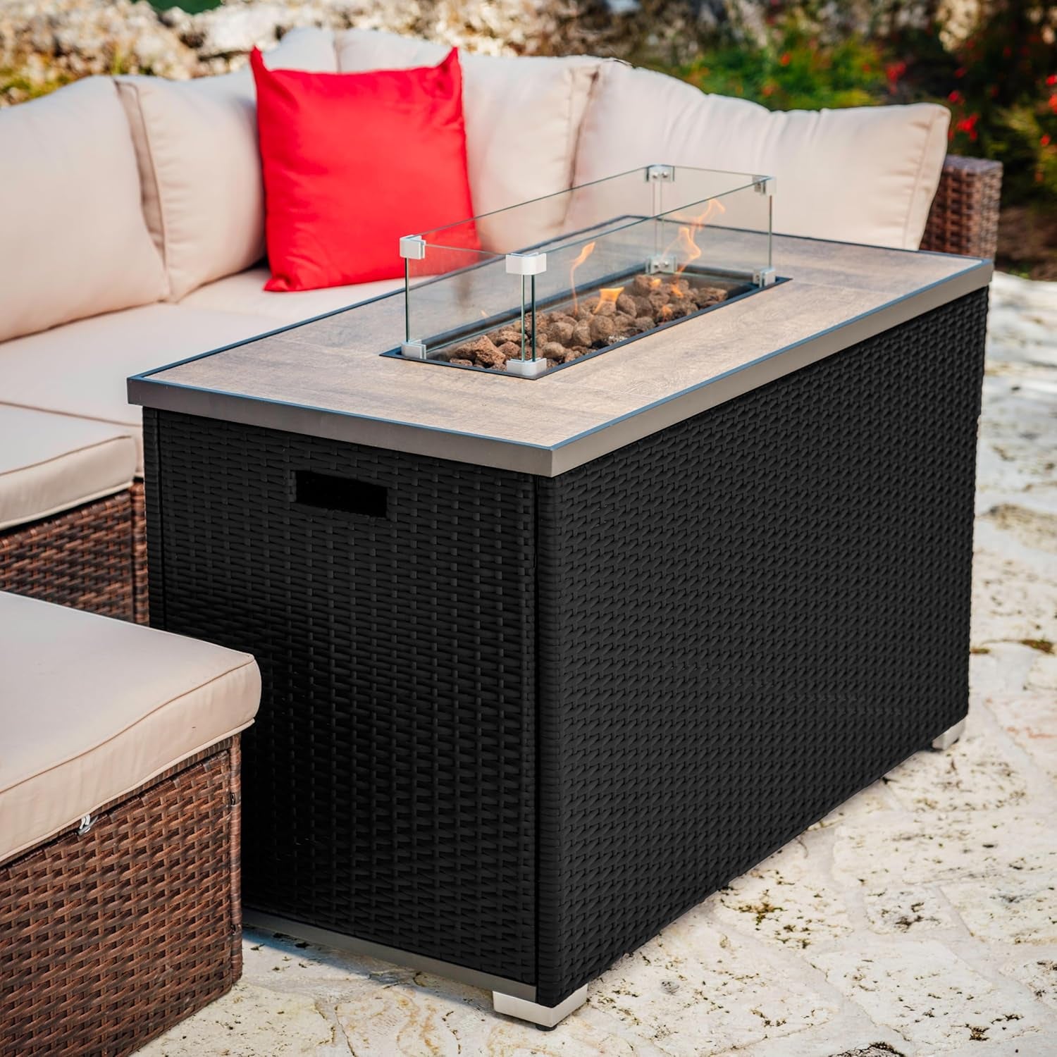 43 Inch Fire Pit for Outdoor - 50,000 BTU Outdoor Propane Fire Pit Table with Lid, Rain Cover & Lava Rocks - Patio Fire Pit Table with Tempered Glass for Backyard Gatherings - Black