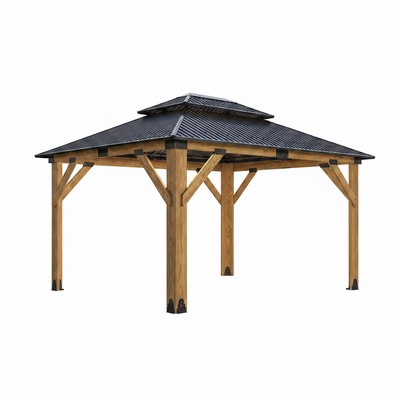 11X13Ft Wood Gazebo, Outdoor Wooden Gazebo with Glavanized Steel Double Roof, Hardtop Gazebos for Garden, Patio, Deck, Backyard