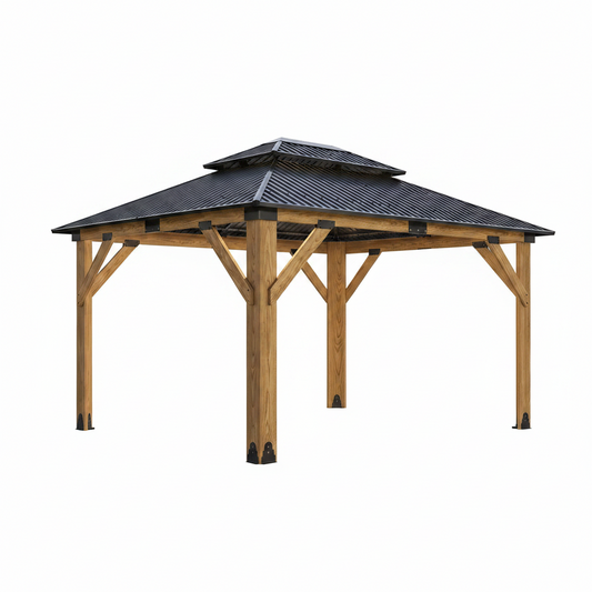 11X13Ft Wood Gazebo, Outdoor Wooden Gazebo with Glavanized Steel Double Roof, Hardtop Gazebos for Garden, Patio, Deck, Backyard
