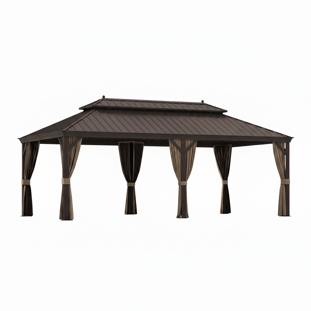 12 Ft. X 22 Ft. Double Galvanized Steel Roof Aluminum Frame Outdoor Patio Hardtop Gazebo with Netting and Curtains