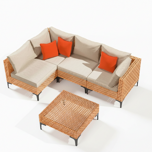 5 Piece Outdoor Patio Furniture Set Modular Outdoor Furniture Set Wicker Outdoor Sectional Sofa with Cushions and Table Patio Set for Balcony Porch Deck Yard ( (Salmon&Orange Wicker, Sand Cushion))