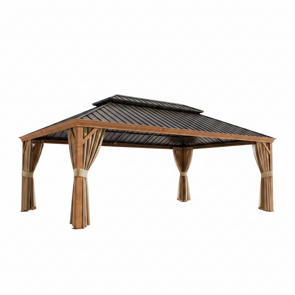 14 Ft. X 22 Ft. Double Galvanized Steel Roof Aluminum Wood-Looking Frame Outdoor Patio Hardtop Gazeb